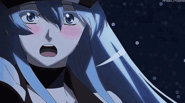 a blue haired anime girl with a surprised look on her face and the word angelly on the bottom