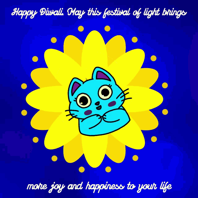 a happy diwali greeting card with a blue cat