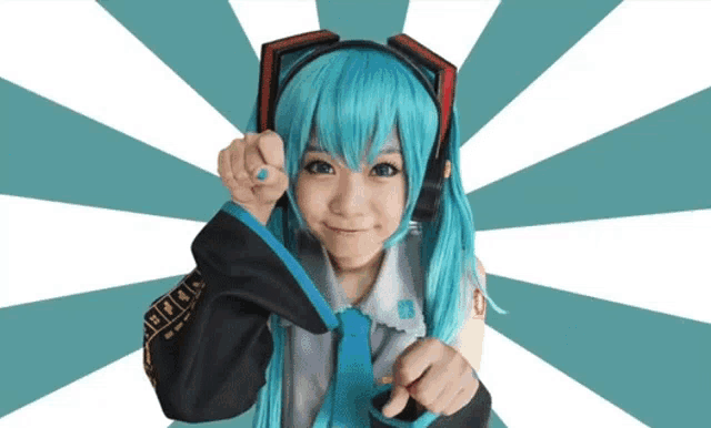 a girl wearing a blue wig and headphones with the number 10 on her arm