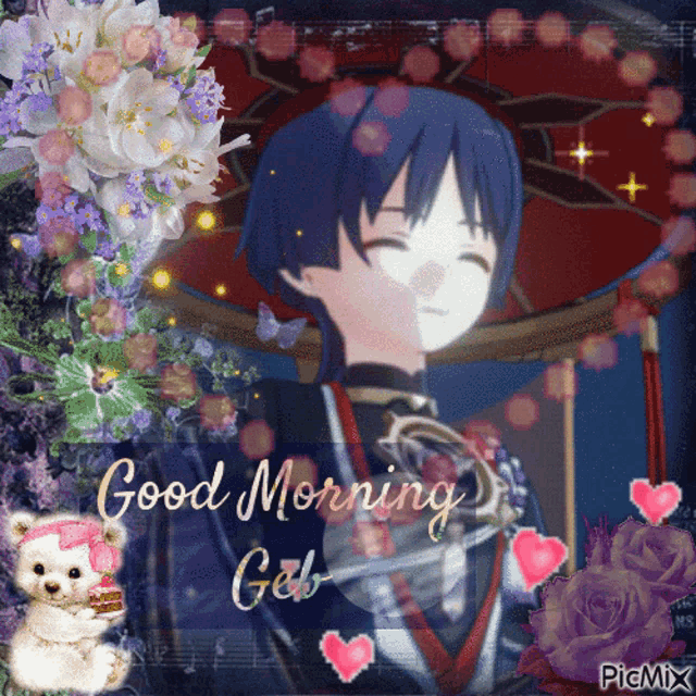 a picture of a boy with the words good morning geb