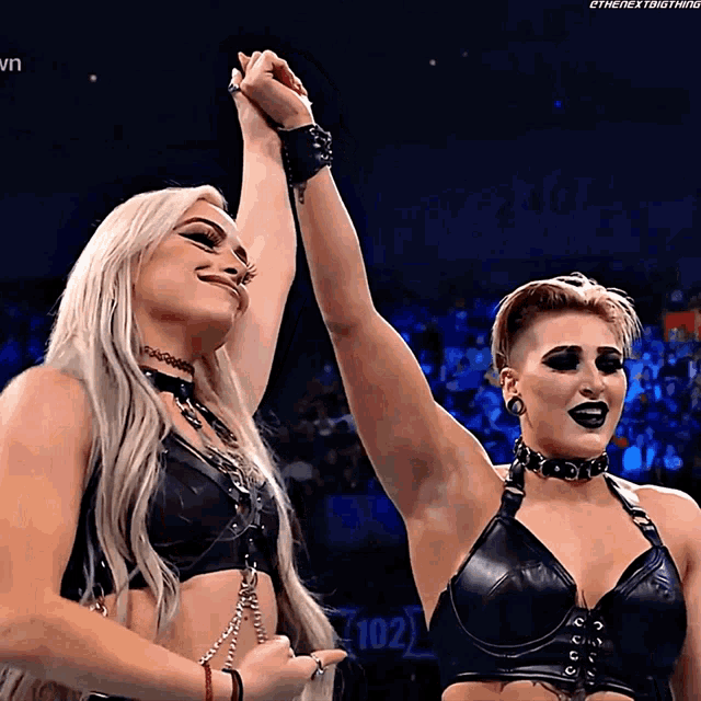two female wrestlers are giving each other a high five in front of a screen that says thenextbigthing