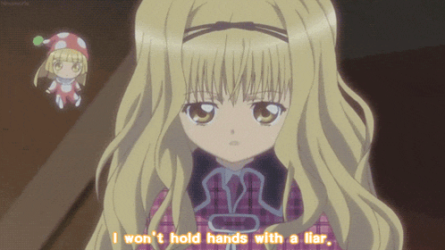 a girl with long blonde hair says i won t hold hands with a liar