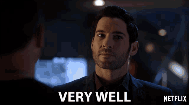 a man in a suit says " very well " in front of a netflix logo