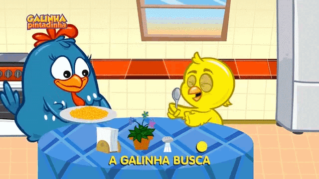 a cartoon of two chickens sitting at a table with the words " a galinha busca " on the table