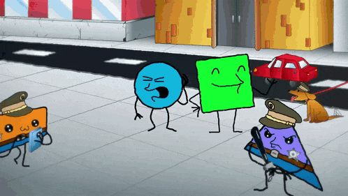 a group of cartoon characters standing on a sidewalk including a police officer