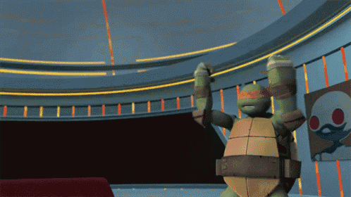 a teenage mutant ninja turtle is standing in a room with a skull on the wall