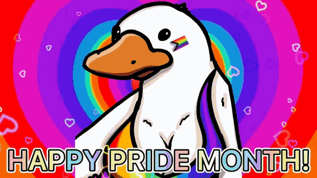 a cartoon duck with a rainbow flag on its face and the words happy pride month below it