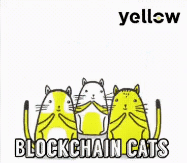 a cartoon of three cats standing next to each other with the words " blockchain cats " on the bottom