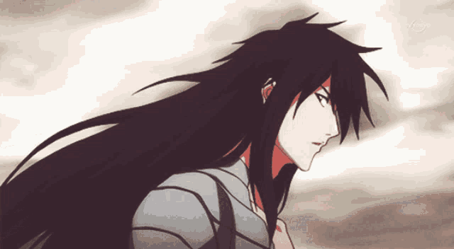 a drawing of a man with long black hair and a gray shirt