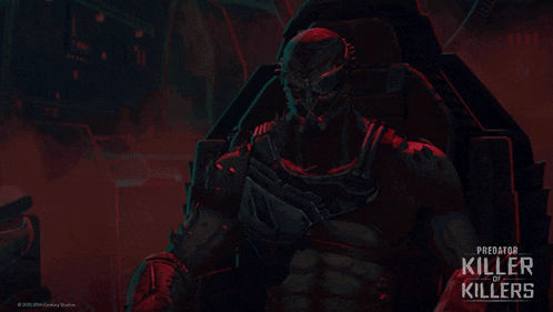 a poster for predator killer of killers shows a man with red eyes