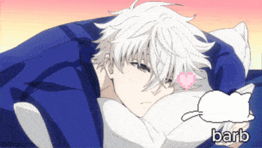 a cartoon of a boy with white hair laying on a pillow with the word barb below him