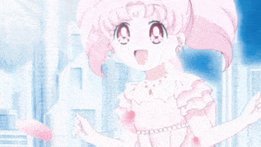 a little girl with pink hair and a bow on her head is standing in front of a building .