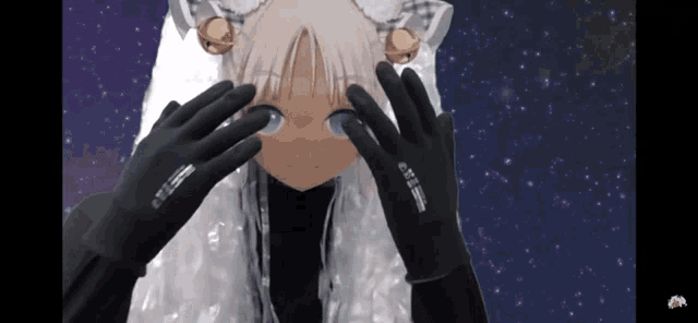 a girl with white hair and black gloves has a sticker on her gloves that says ' i love you '