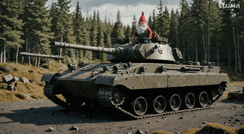 a gnome is sitting on top of a tank with the word luma on the bottom right