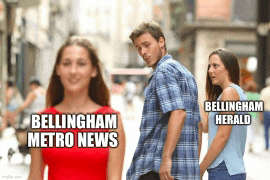 a man and a woman are walking down a street with the words bellingham metro news and bellingham herald on the bottom