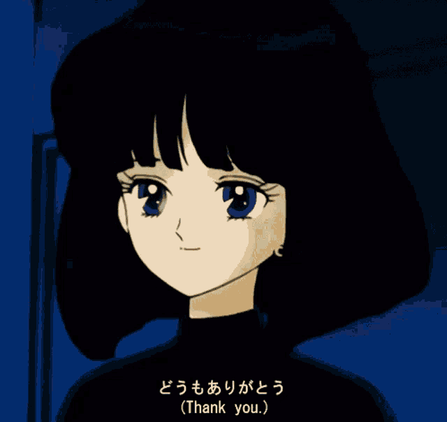 a girl with black hair is smiling and says thank you in japanese