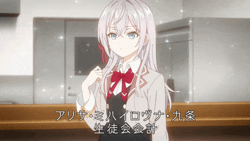 a girl with white hair and a red bow tie is standing in a kitchen