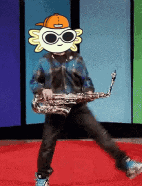 a cartoon character is playing a saxophone with a hat on