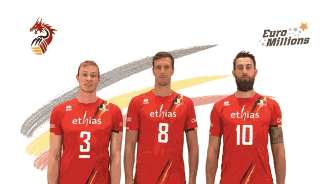three men wearing red shirts with the number 3 8 and 10