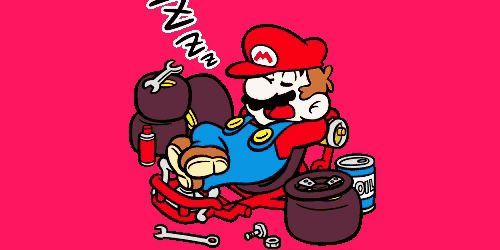 a cartoon of mario laying on a couch with a wrench and a can of oil