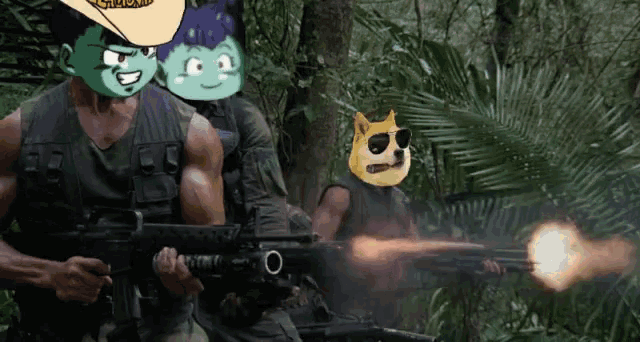a group of soldiers with cartoon faces on their faces are holding guns in the woods
