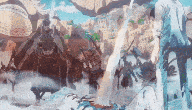 a group of people are standing next to each other in front of a city in a cartoon .