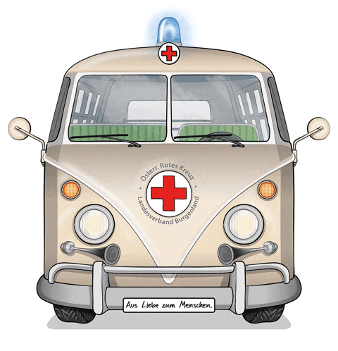 a cartoon drawing of an ambulance with oster rotes kreuz written on the front