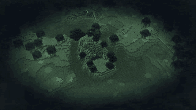 an aerial view of a minecraft world with trees and a building