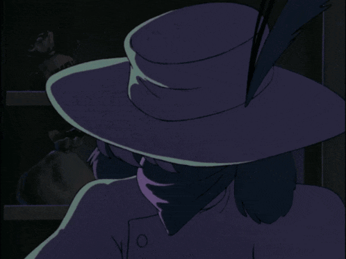 a cartoon of a man with a hat and a feather on his hat