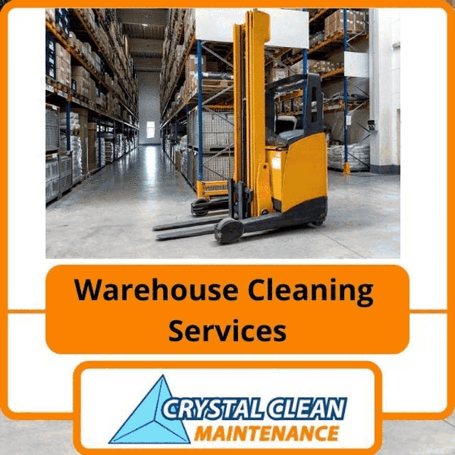 an ad for warehouse cleaning services with a picture of a forklift in a warehouse