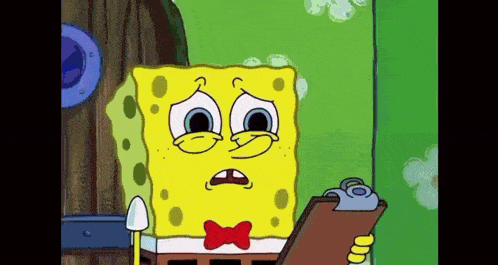 spongebob squarepants is crying while holding a clipboard and wearing a bow tie .