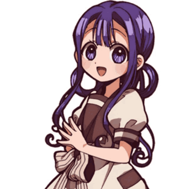 a drawing of a girl with purple hair and a white dress