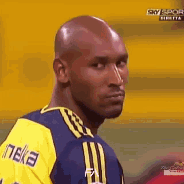 a bald soccer player wearing a yellow and blue jersey with the word fa on the back