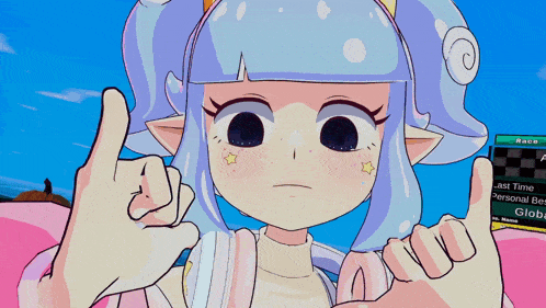 a cartoon girl is giving a thumbs up and holding a race card