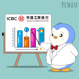 a penguin is standing in front of a board that says icbc industrial and commercial bank of china