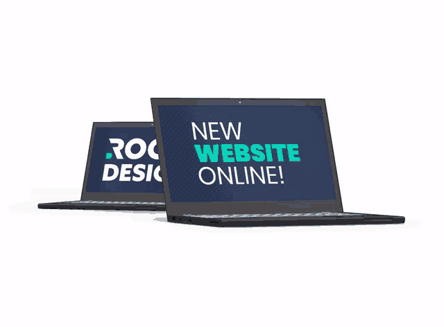 two laptops with the words new website online on them