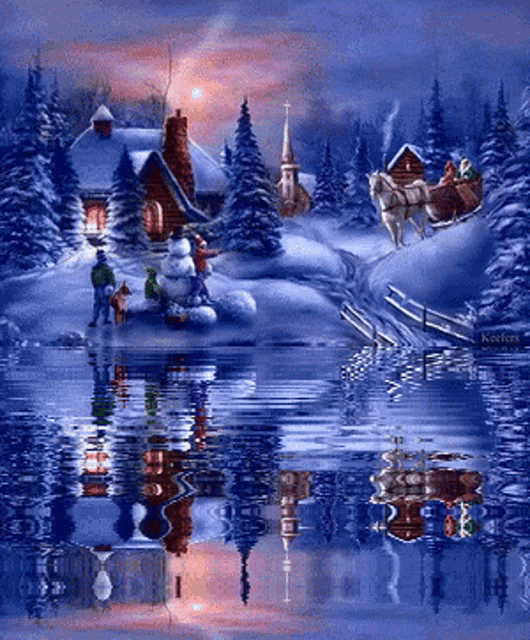 a painting of a snowy scene with a horse drawn sleigh and a snowman