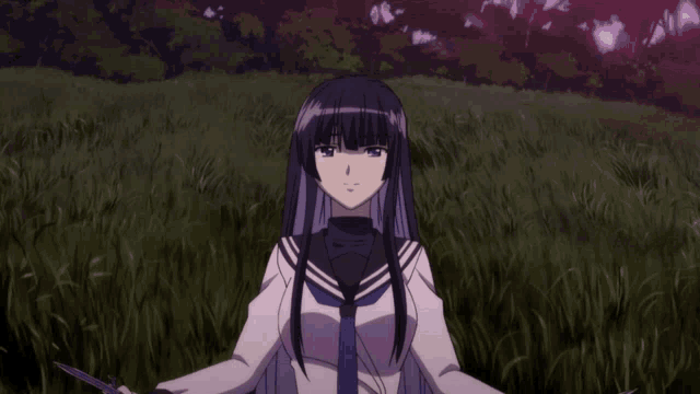 a girl in a school uniform holds two knives in her hands