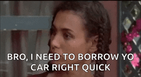 a woman is talking to a man and says `` bro , i need to borrow yo car right quick '' .