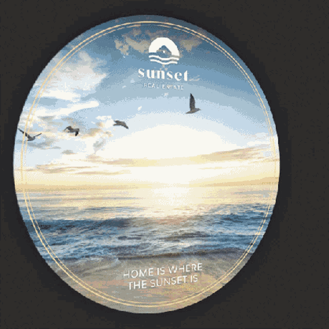 a sunset real estate advertisement with birds flying over the ocean at sunset