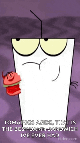 a cartoon character is holding a sandwich with a straw in it .