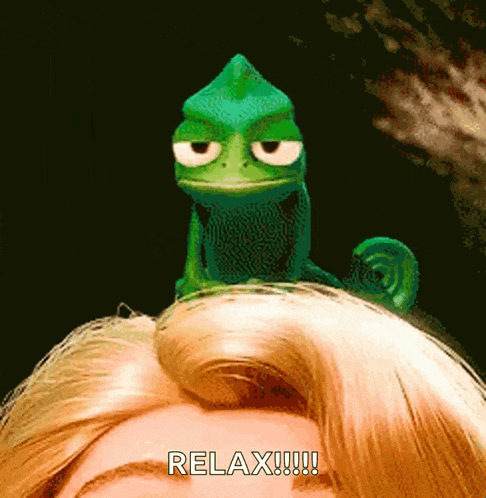 a green lizard is sitting on top of a woman 's head with the words relax written below it