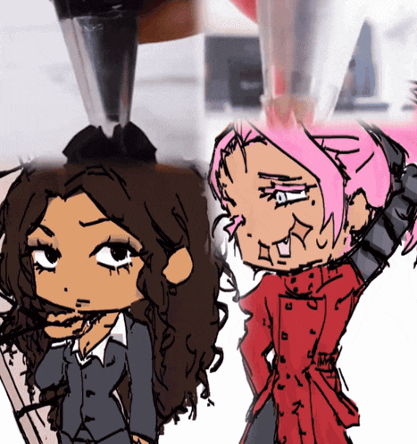 a drawing of a girl with pink hair standing next to a girl with brown hair