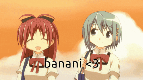 two anime girls standing next to each other with the words banani < 3