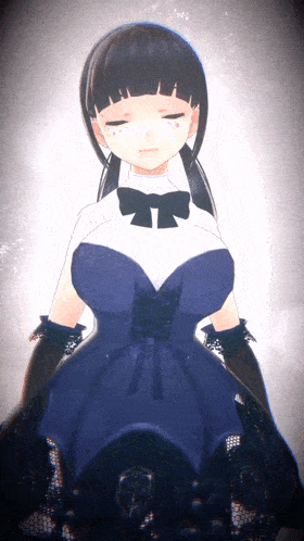 a girl in a blue dress and black gloves is standing with her eyes closed