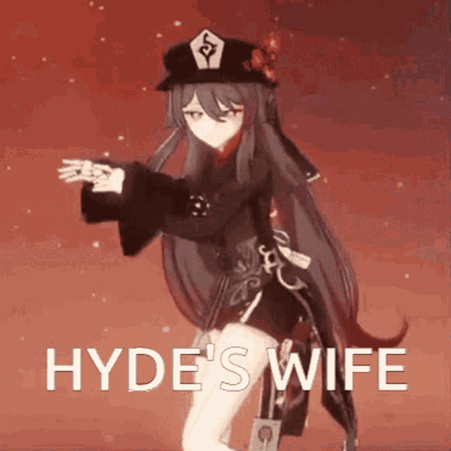 a picture of a girl with long hair and a hat with the words hyde 's wife on it .