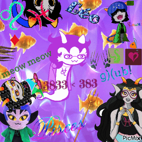 a purple background with cartoon characters and the word meow on it