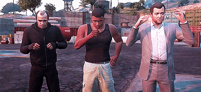three men are standing next to each other in a video game scene .