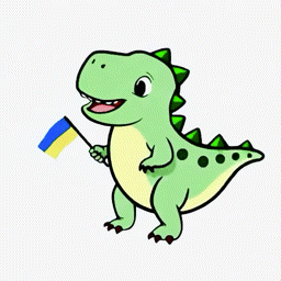 a dinosaur is holding a blue and yellow flag in its mouth