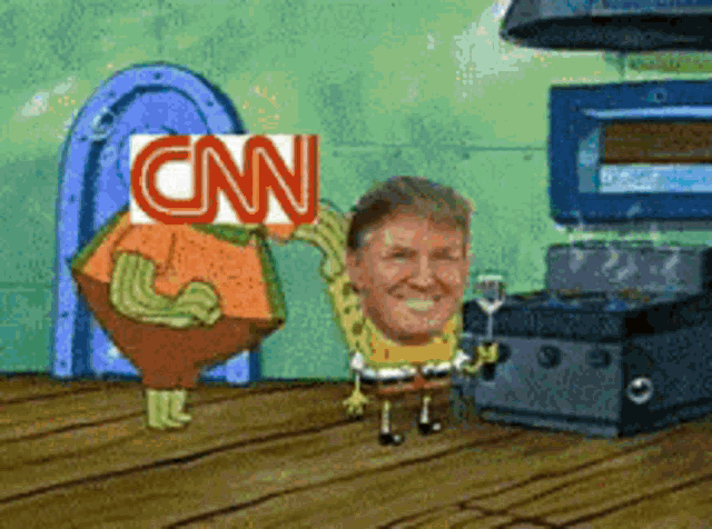 a cartoon of spongebob and donald trump with cnn written on their faces